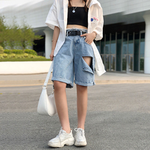 Five-point pants 2021 summer New loose straight tube Hong Kong flavor high waist slim hole denim shorts women tide