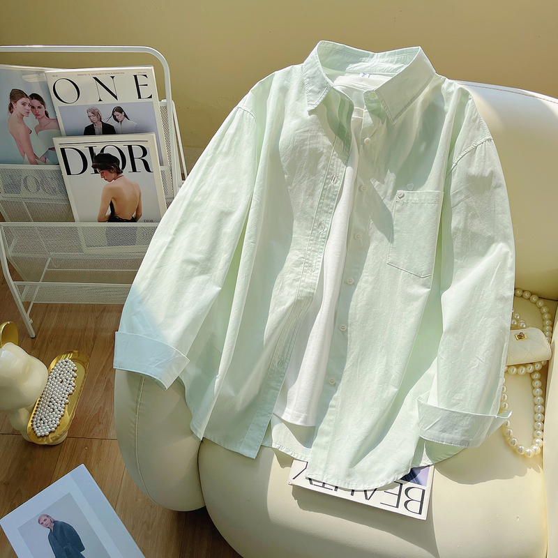 Fresh and Casual Heart Button Long-Sleeve Shirt for Women 2026 New Fashion Light Green Student Pure Cotton Shirt Trendy