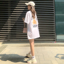 Short-sleeved T-shirt female summer 2021 New Korean version of loose print bear long top casual Joker slim t