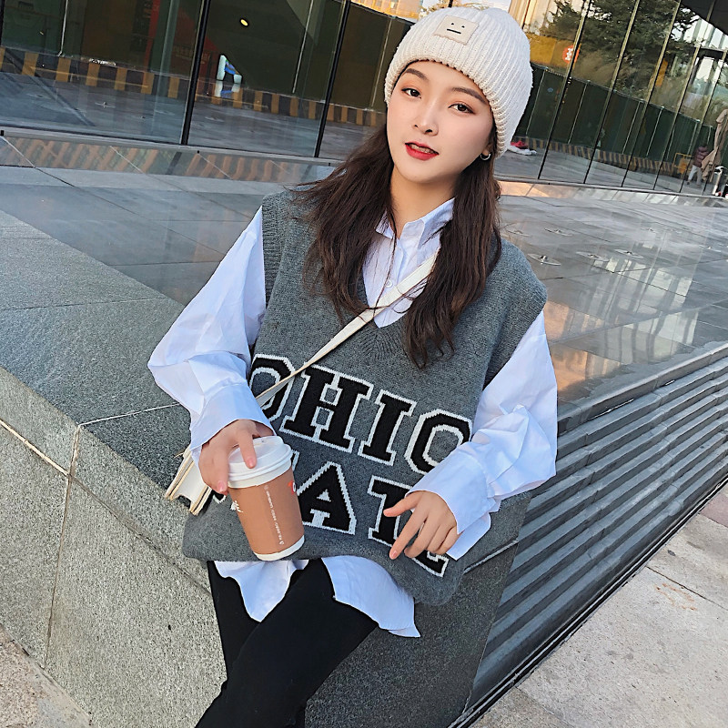 Clearance~Student loose knitted vest female 2022 spring new Korean version of the letter vest shoulderless sleeveless waistcoat