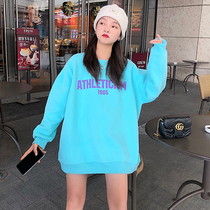 Long plus velvet padded sweater female 2021 autumn and winter New loose letter printing Korean blue Joker top