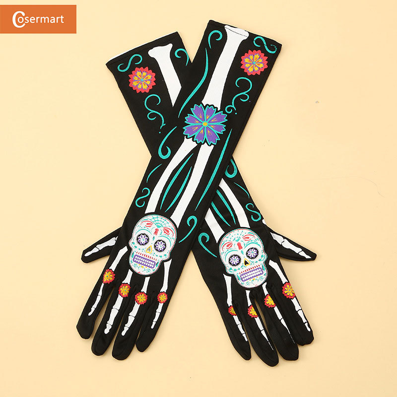Colorful Skeleton Long Gloves with Print for Halloween Ghost Festival Dance Party Cosplay Props Costume Sleeves