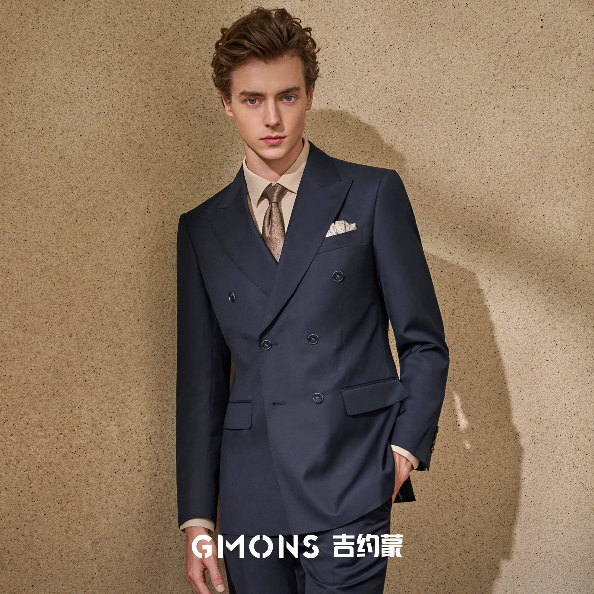 ギロモン ダブルブレスト ウールスーツ メンズ ネイビーブルー ビジネスフォーマル 春のスーツ 新郎 ウェディングドレス
