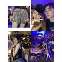  LIN CHAO ZHANG ROCK COOL GIRL STITCHING LEATHER BELT BANDEAU TOP PLEATED SEQUIN SHORTS