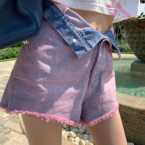 LIN CHAO ZHANG Spring and summer high-waist broad leg female hair-free slope-turned jean shorts (two colors)