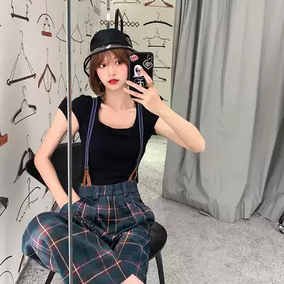 LIN small square collar cotton knitted summer small T-shirt Hong Kong flavor slim black and white slim short-sleeved tide(four colors)