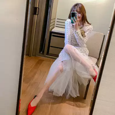 LIN white gauze skirt suit 2021 spring new romantic puffy skirt Snow white knitted dress