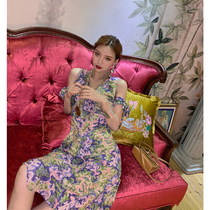  LIN DA brand show wear sharing v-neck printing high waist a-line mid-length temperament elegant dress female summer