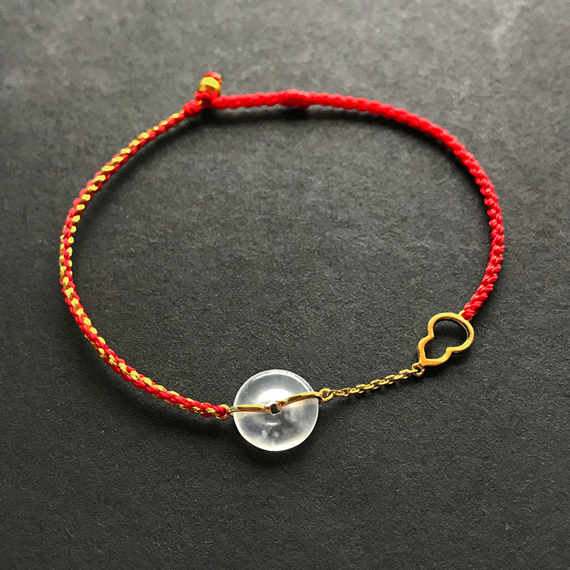 {Ping An Joy} Original 18K gold gourd inlaid with natural jade Ping An buckle handmade couple red rope custom