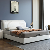 Real leather bed solid wood bed modern simple light luxury modern bed 1 8 European bed net Red 1 5 m double bed master bedroom