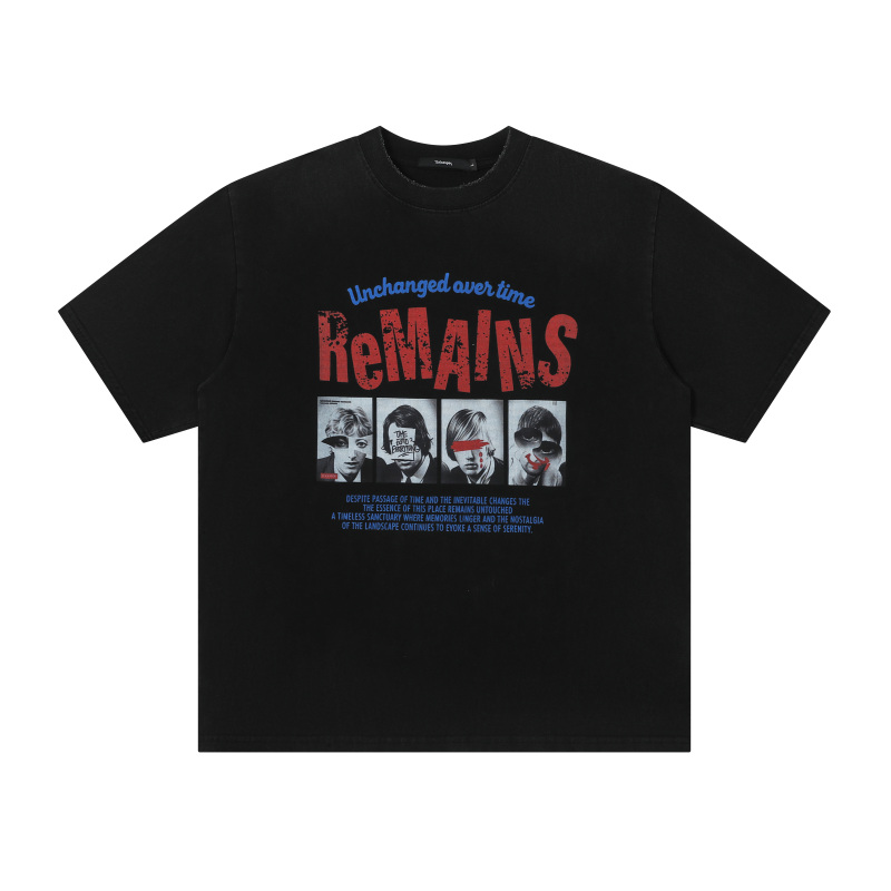 Remains Retro Portrait Print Short-Sleeved T-Shirt for Men, Japanese Trendy Brand Loose and Versatile Half-Sleeved Top