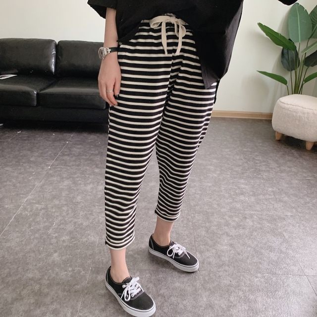 2024 Spring and Autumn Elastic Waist Drawstring Striped Casual Pants Harem Pants Carrot Pants Eighty-Nine-Point Pants Women b