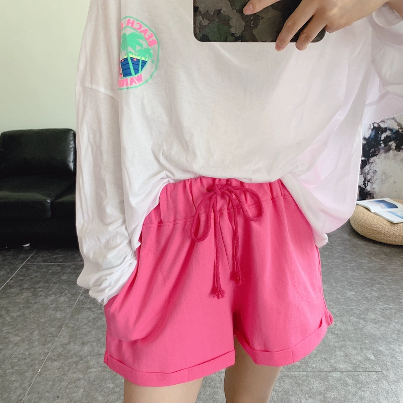 Yangqi hoang dã dây thun eo dây mảnh màu terry cotton mỏng lỏng quần short giản dị quần mùa hè f - Quần short quần short vải nữ hàn quốc