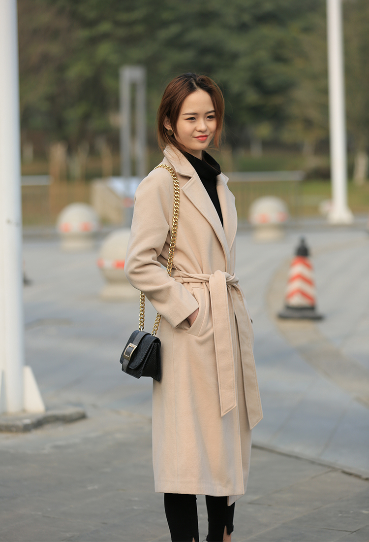 Mùa đông mới dày eo áo len nữ tính khí đoạn dài trên đầu gối áo len nữ tie áo gió áo khoác áo dạ nữ cao cấp
