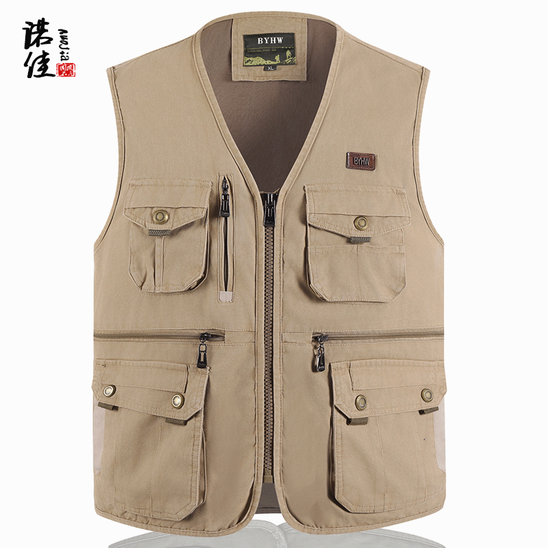 Middle-Aged and Elderly Men's Pure Cotton Canvas Multi-Pocket Vest, Spring and Autumn Dad's Vest, Work Vest, Fishing and Photography Vest