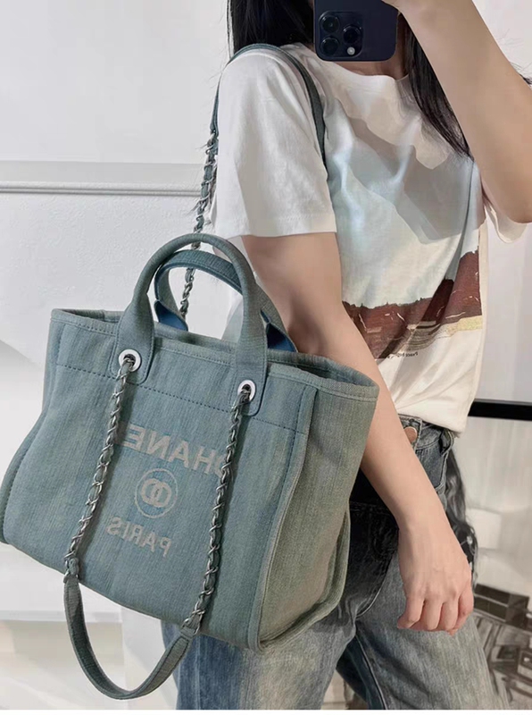 Small Chanel-Style Denim Bag, Commuter Bag, Large Handbag, Canvas Shoulder Bag, Chain Tote Bag, Women's Large Capacity Beach Bag Small Chanel-Style Denim Bag, Commuter Bag, Large Handbag, Canvas Shoulder Bag, Chain Tote Bag, Women's Large Capacity Beach Bag