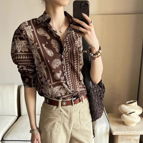 Mango* Fruit Export Single-Breasted Floral Shirt, Vintage Caramel Color, Elegant French Long-Sleeve Shirt for Women, New Style
