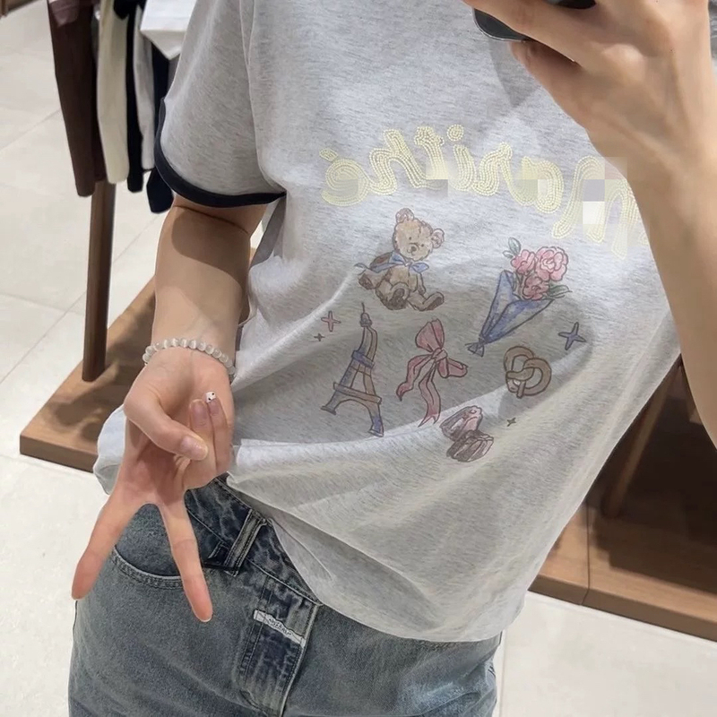Mari*He Bear Bowknot Hand-Painted Print Color-Blocked Round Neck Short-Sleeve T-Shirt Korean Sweet Style Top Mari*He Bear Bowknot Hand-Painted Print Color-Blocked Round Neck Short-Sleeve T-Shirt Korean Sweet Style Top