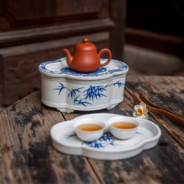 China Chaoshan tea boat ceramic water storage pot bearing tea sea lotus Orchid sea beginner hand painted green flower dry foam pan small tea tray