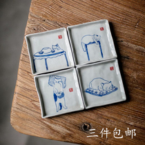 Cat fat Jiarun hand-painted blue and white tea tray coaster coaster kitten illustration refreshment plate Ceramic coaster refreshment plate