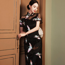 Lace cheongsam openwork 2020 summer new fashion embroidered mesh stitching cheongsam collar dress medium-long spring