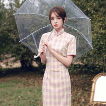 Plaid cheongsam young girl medium long 2020 new spring improved girl 2021 summer dress