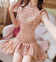 Pink plaid cheongsam young girl cheongsam skirt fishtail 2021 new high-end atmospheric summer dress