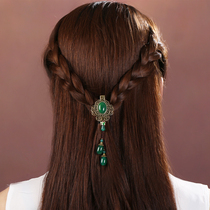 Retro semi-tied hair meatball head hairclip green agate tassel National Wind hair side clip ponytail headgear top clip female