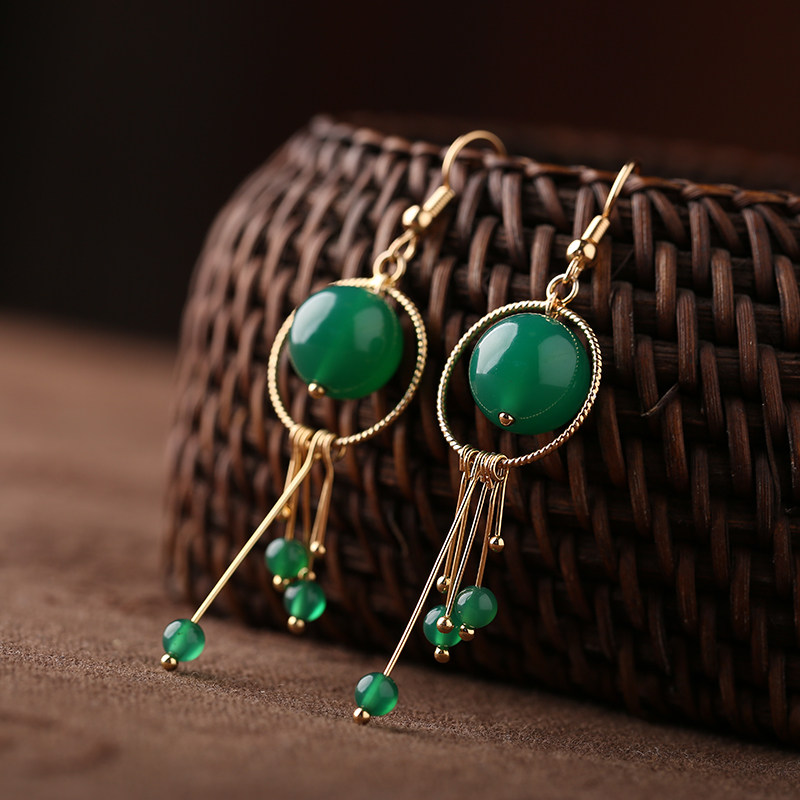 Long version of green agate pendant ear pendant national wind silver ear ring female retro superfairy Exaggerated Earrings Temperament Ear Clip