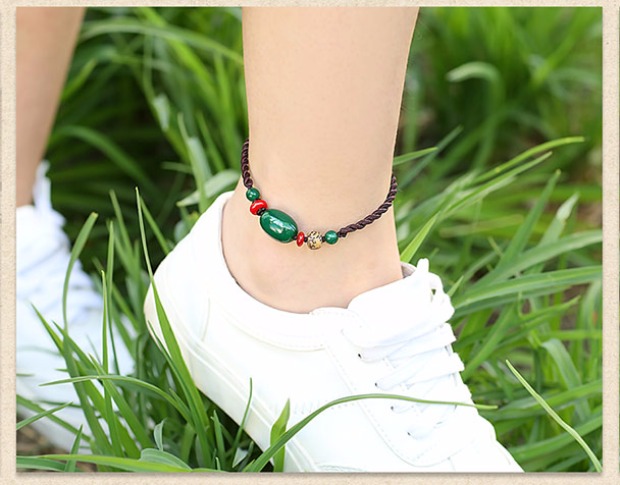 Yan Yu Jiang Nam quốc gió mắt cá chân nữ retro dệt tay Vân Nam trang sức xanh mã não Trung Quốc chuỗi chân gió lắc chân bạc