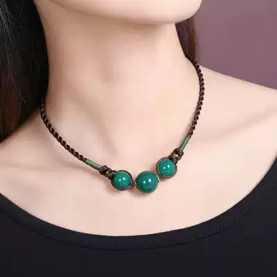Short clavicle necklace green agate simple retro neck decoration wild clothes accessories ethnic style necklace female