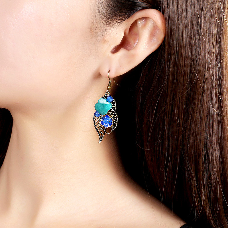 Smoke Rain Jiangnan Original Ethnic Wind Retro Earrings Color Jade Pendant China Wind Ear with Ear Clip without earbuff