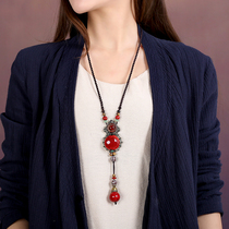 Red sweater chain long vintage National style ceramic pendant fashion pendant Joker accessories necklace ornaments female
