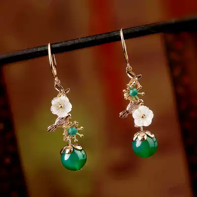 Chinese style sterling silver long version earrings ancient style drop earrings forest temperament retro Hanfu cheongsam with ear clip earrings female