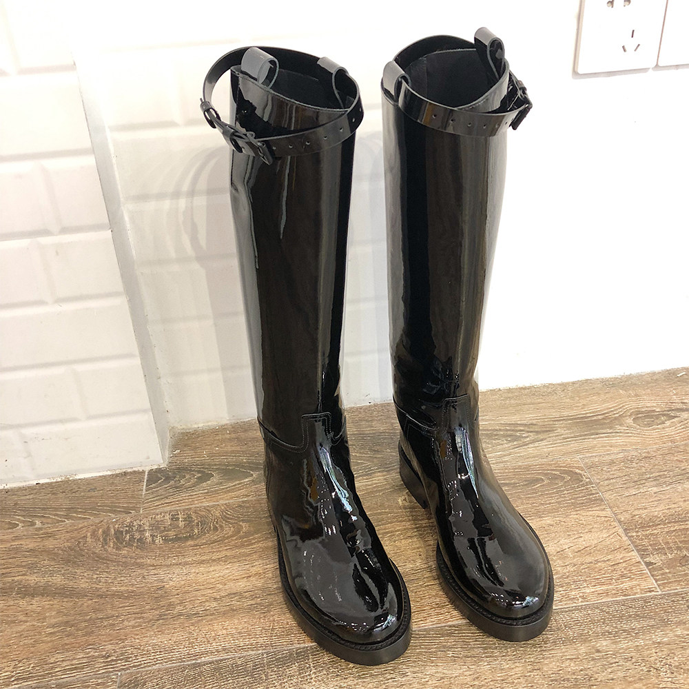 ann new (insomnia) bright lacquered leather high cylinder long boot female flat leather horse boot riding boots rough heel