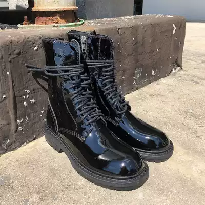 Ann Martin boots(Haruka) Lace-up patent leather booties 2021 autumn and winter thick-heeled thick-soled leather motorcycle boots women