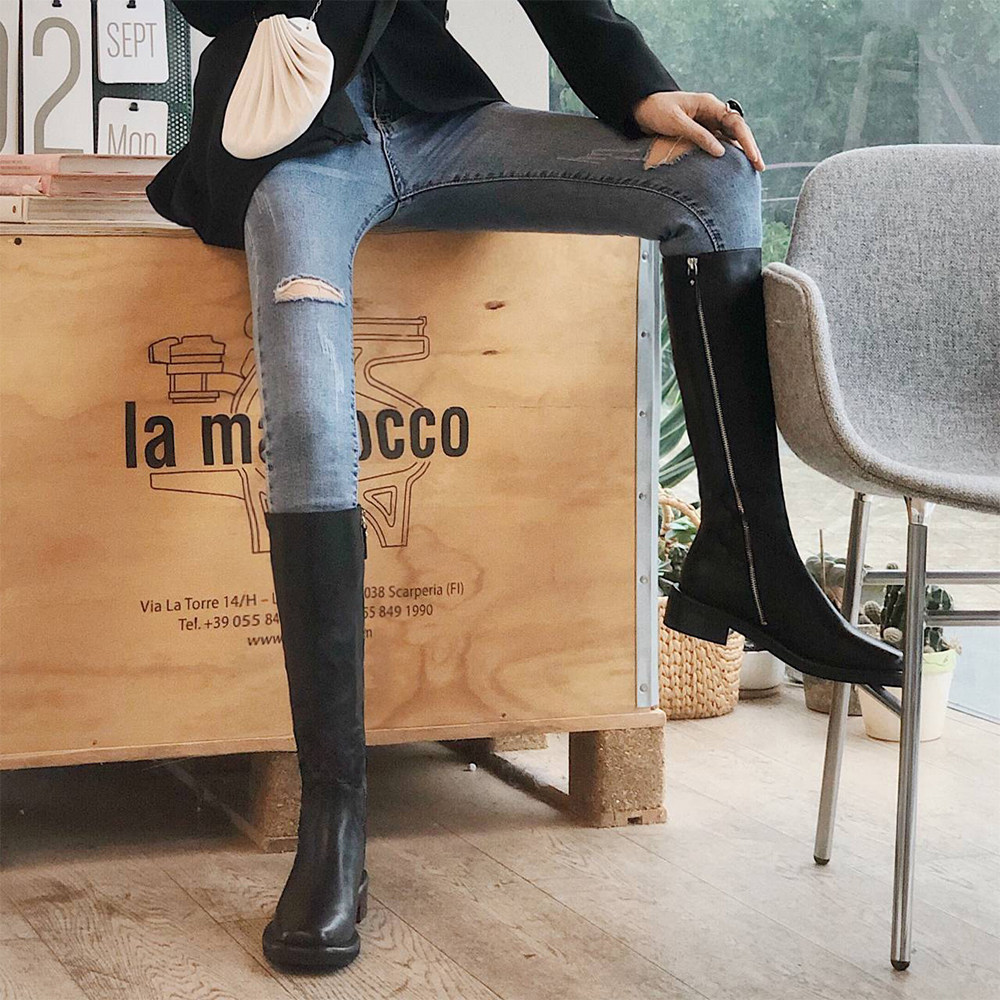 2021 Autumn Winter New (black samurai) riding boots Boots Genuine Leather Side Bracelet Low Heel Long Boots high cylinder