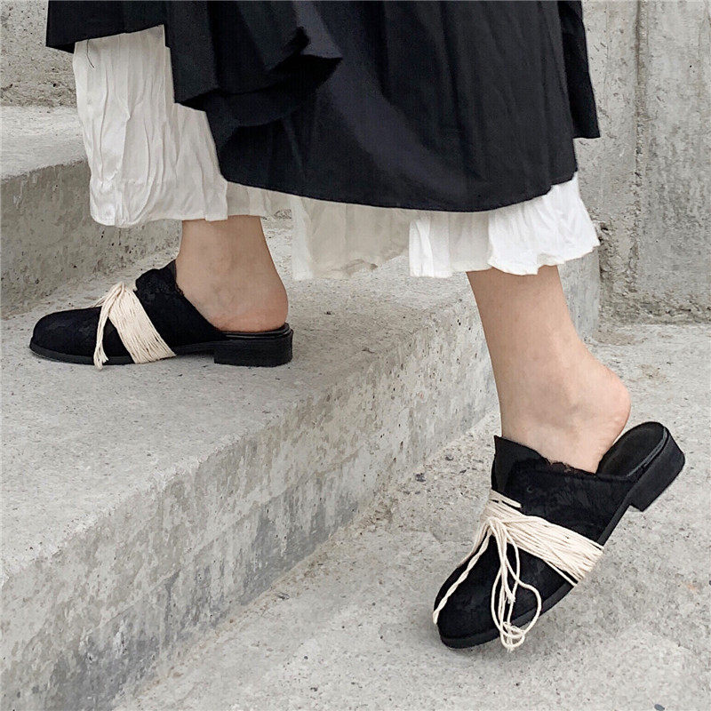 2022ss (far-yarn) new ED handmade shoe lace slippers retro dark dark leather casual women's shoes strap women