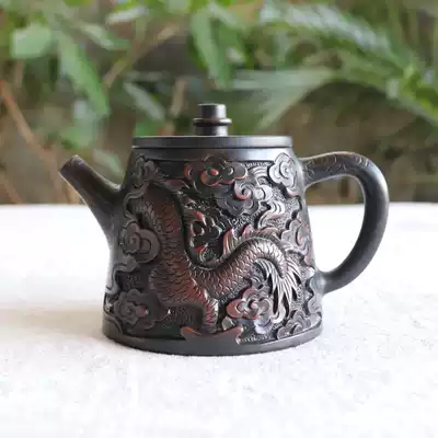 Kung Fu tea set Tea ceremony accessories Purple pottery Teapot Handmade relief full carving pot Yunnan Jianshui black pottery large single pot