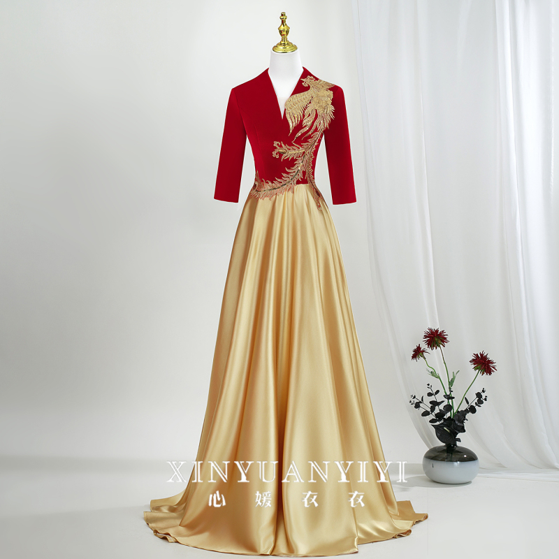 Red Choir Performance Costumes, Red Song Choir Evening Dresses, Adult Women's Host and Conductor Costumes, Long Dresses