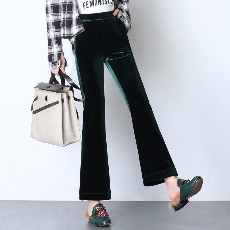 Spring and Autumn Velvet Flared Pants for Women, Nine-Point Pants, High-Waisted Wide-Leg Pants, Drapey Fleece-Lined Micro-Flared Pants, Casual Velvet Pants