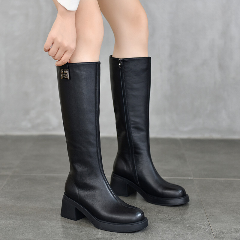 First Layer Cowhide ~ Full Genuine Leather Long Boots with Chunky Heels, Autumn and Winter British Style Versatile Black Over-The-Knee Leather Boots, Riding Boots