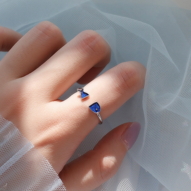 925 pure silver blue small fish ring female cute super cute sweet and beautiful adorable girl with adjustable size index finger ring