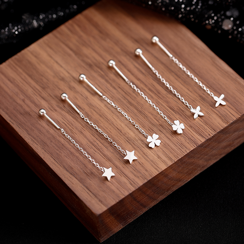 925 Pure Silver Stars Four Leaves Straw Long Version Ear Bracelet Women Summer 2021 New Chain Screw Ear Needle Flow Suearrings