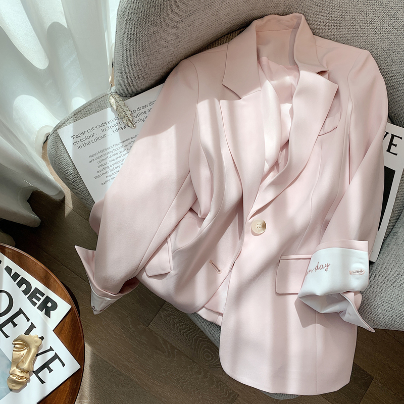 Pink Blazer for Women, High-End Spring and Autumn Korean Style, Unique Design, Casual Embroidered Small Suit Jacket