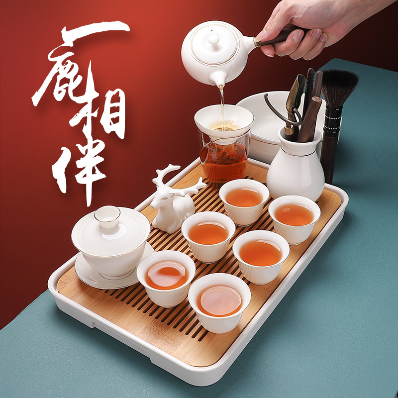Kung Fu tea set brew tea home living room ceramic teapot teacup white porcelain mutton fat jade lid bowl tea tray small