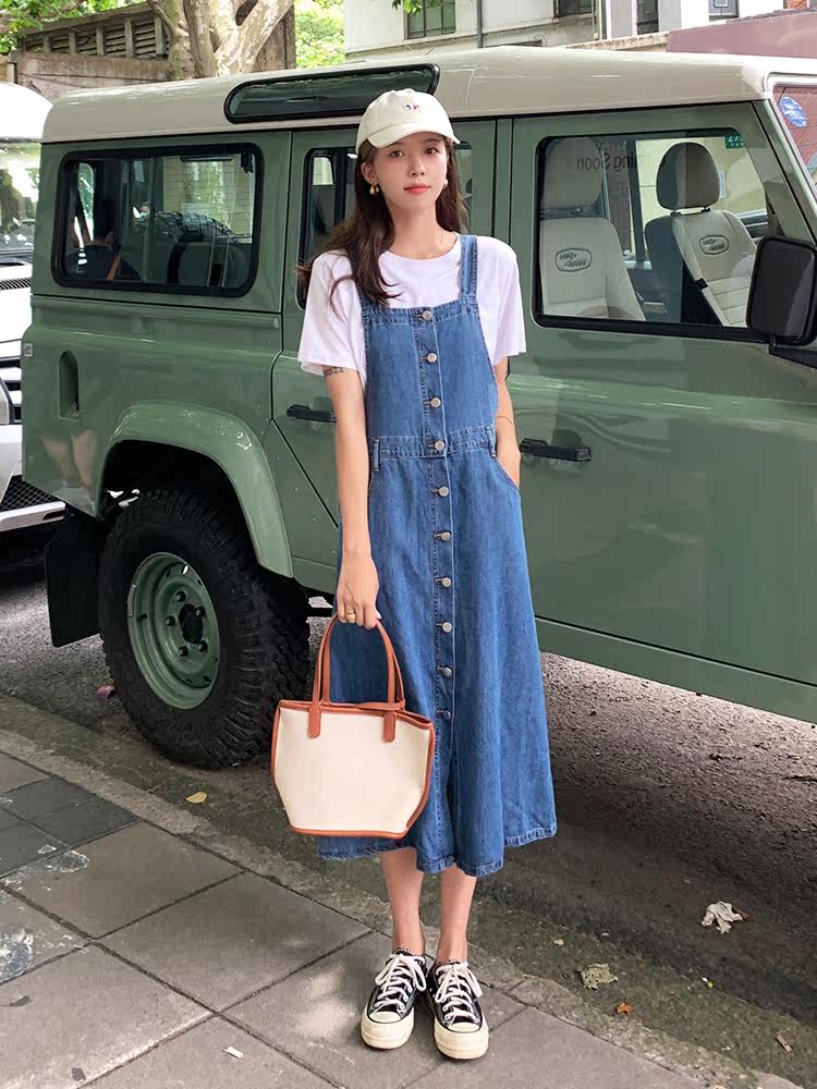 First love western style age reduction temperament denim strap dress women summer thin section long section slit thin 2022 new