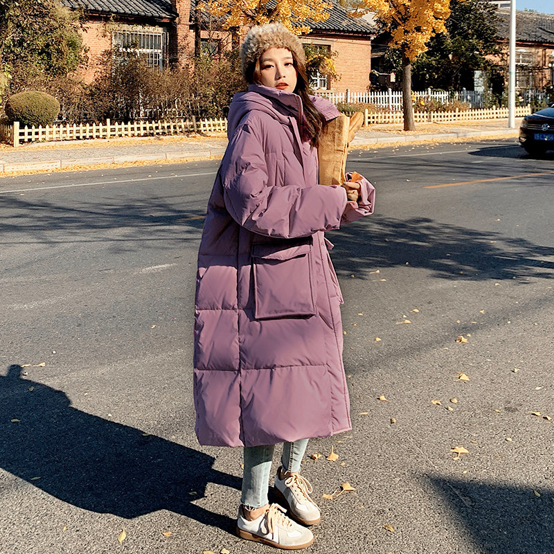 Popular 90 white duck down jacket women's mid-length version over the knee hooded Korean version loose 2021 new fashion Western style