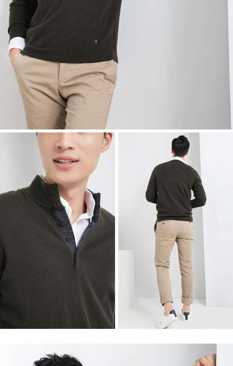 Ordos 18 mùa thu và mùa đông mới màu rắn nửa cổ cao khóa áo len nam cashmere áo gile nam