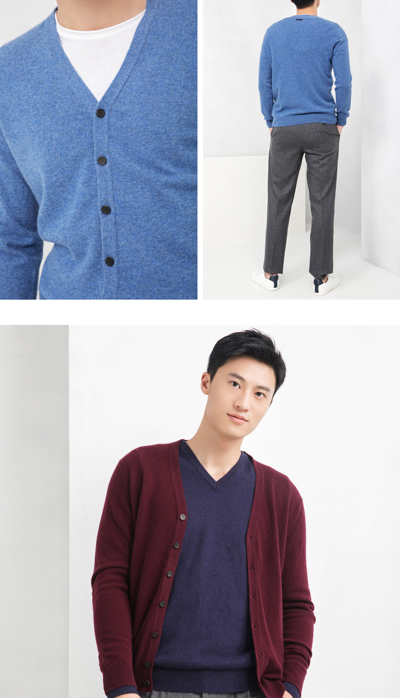 Ordos 18 mùa thu và mùa đông mới màu rắn nền hoang dã V-cổ nam dệt kim cashmere bộ nỉ nam